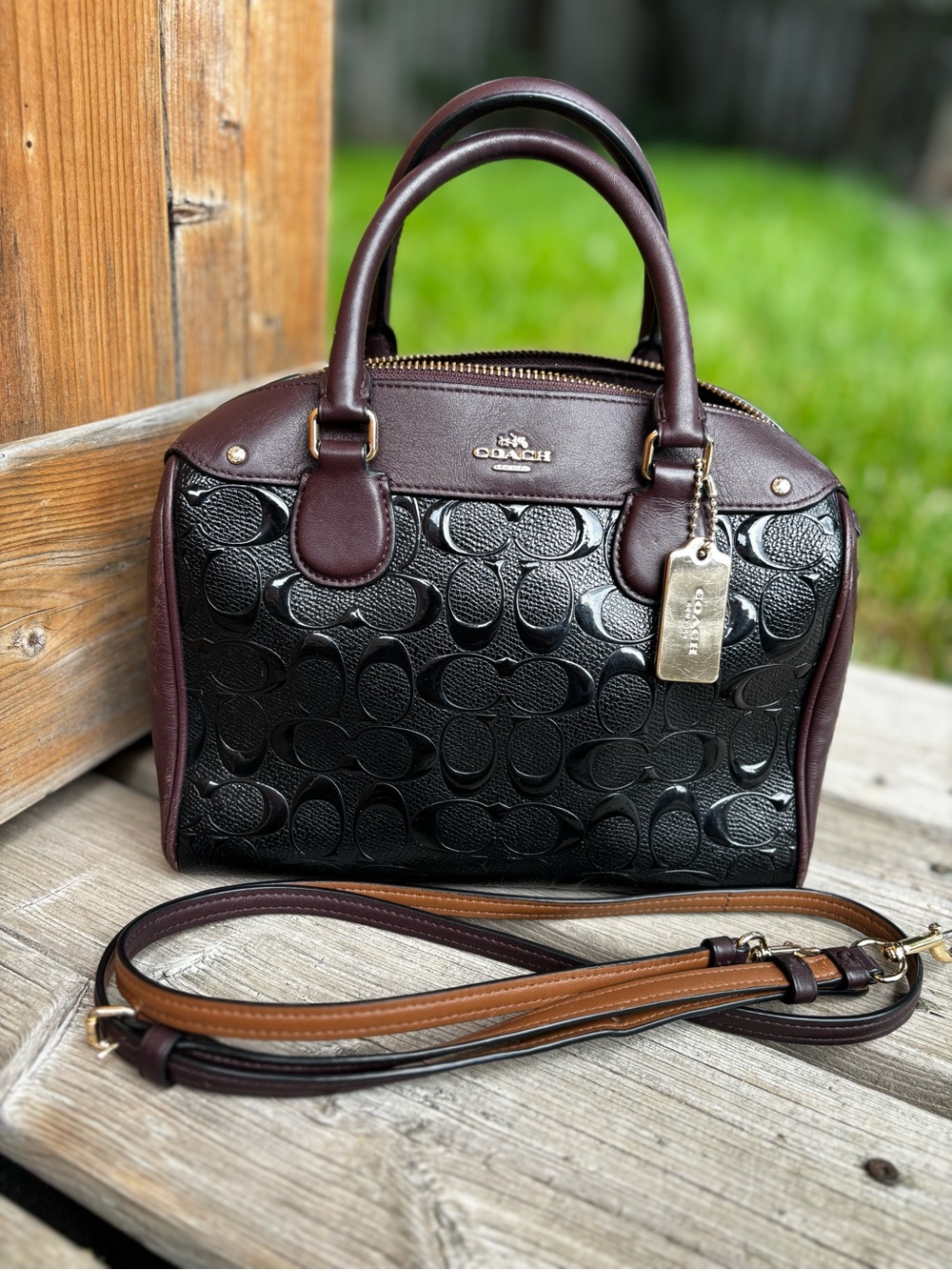 Coach Black Signature Leather Satchel with Burgundy Trim and Tan Strap